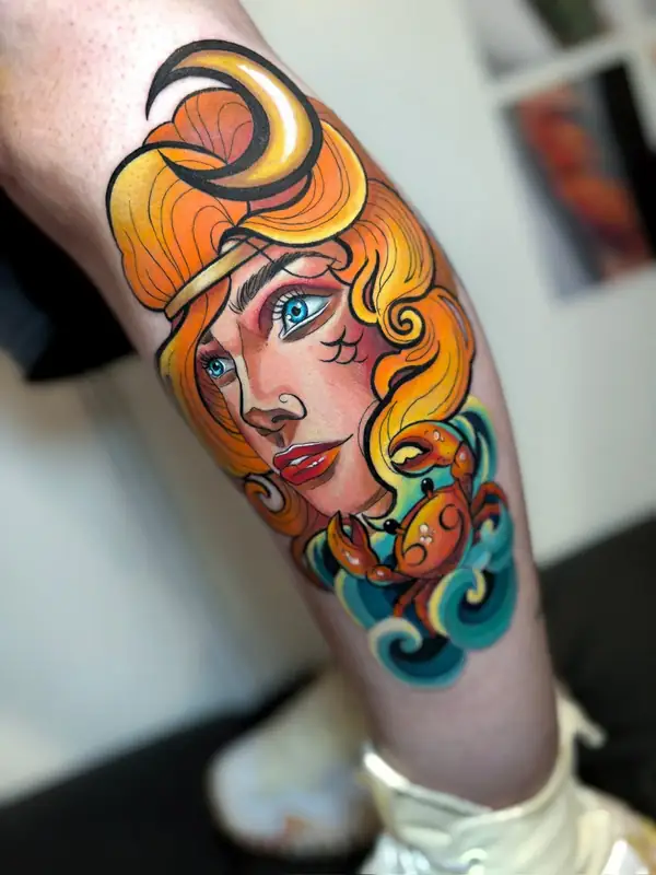 Chica pelirroja de ojos azules con una luna en la cabeza, un cangrejo y olas, a color en el gemelo.