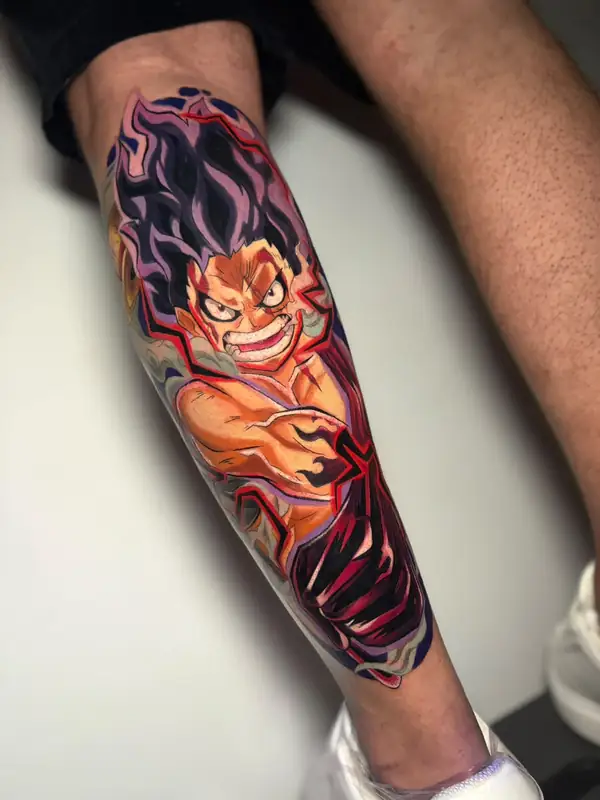 Luffy en su Gear 4, de One Piece, a color en el gemelo, con humo morado detrás.