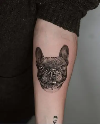Bulldog francés pequeño, en microrrealismo en el antebrazo.