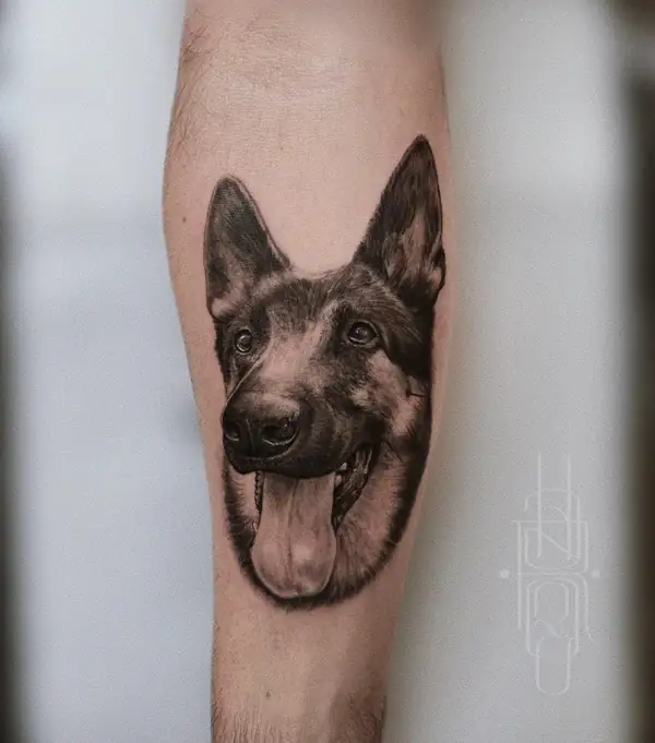 Pastor alemán con la lengua fuera, en realismo en negro y grises en el antebrazo.