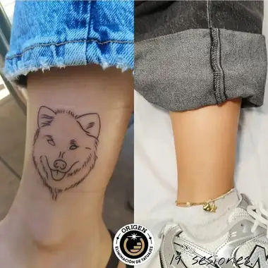 Una cabeza de perro en línea en la pierna, antes y después de 19 sesiones.
