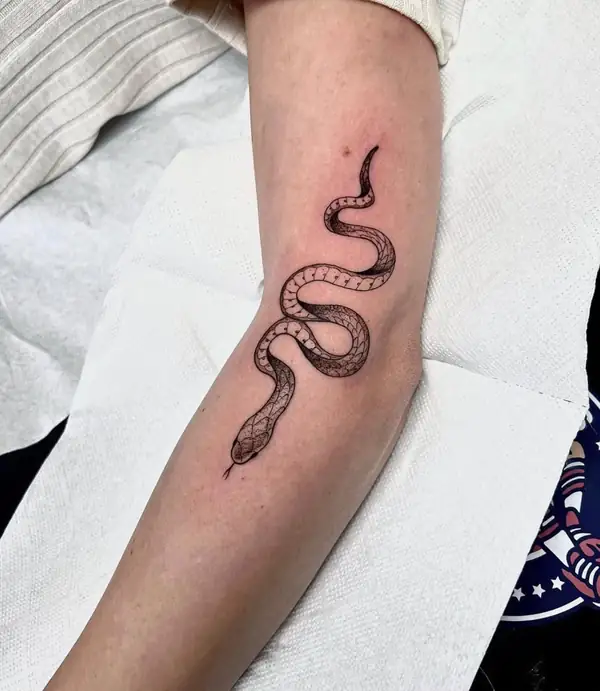 Una serpiente en línea fina y punteado a lo largo del antebrazo.