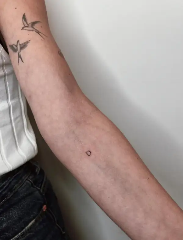 Dos golondrinas pequeñas y una letra en el brazo.