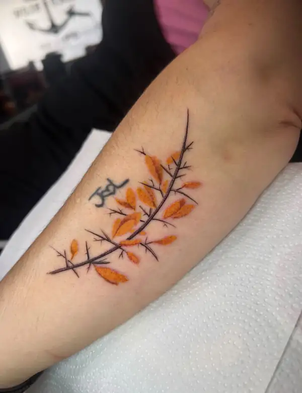 Una rama con hojas naranjas y unas iniciales, en el antebrazo.