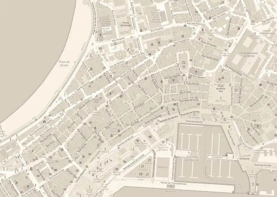 Mapa del centro de A Coruña, con el estudio marcado en el medio, en la Rúa Voluntariado, 3.