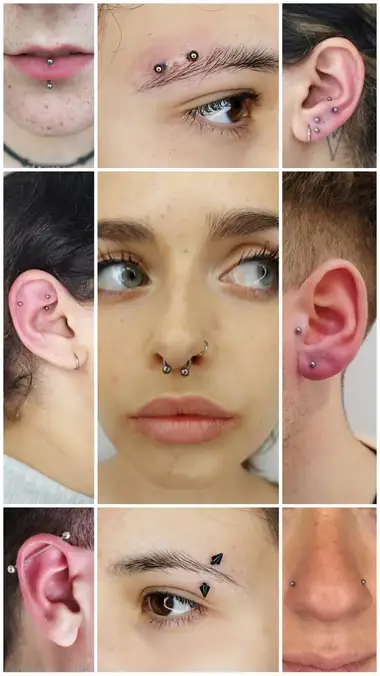 Nueve piercings en un mosaico: labio, cejas, orejas, septum y nariz.
