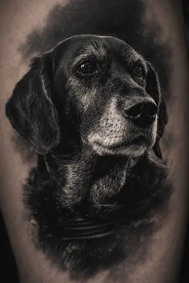 Retrato realista de un perro de hocico canoso, en negro y grises.